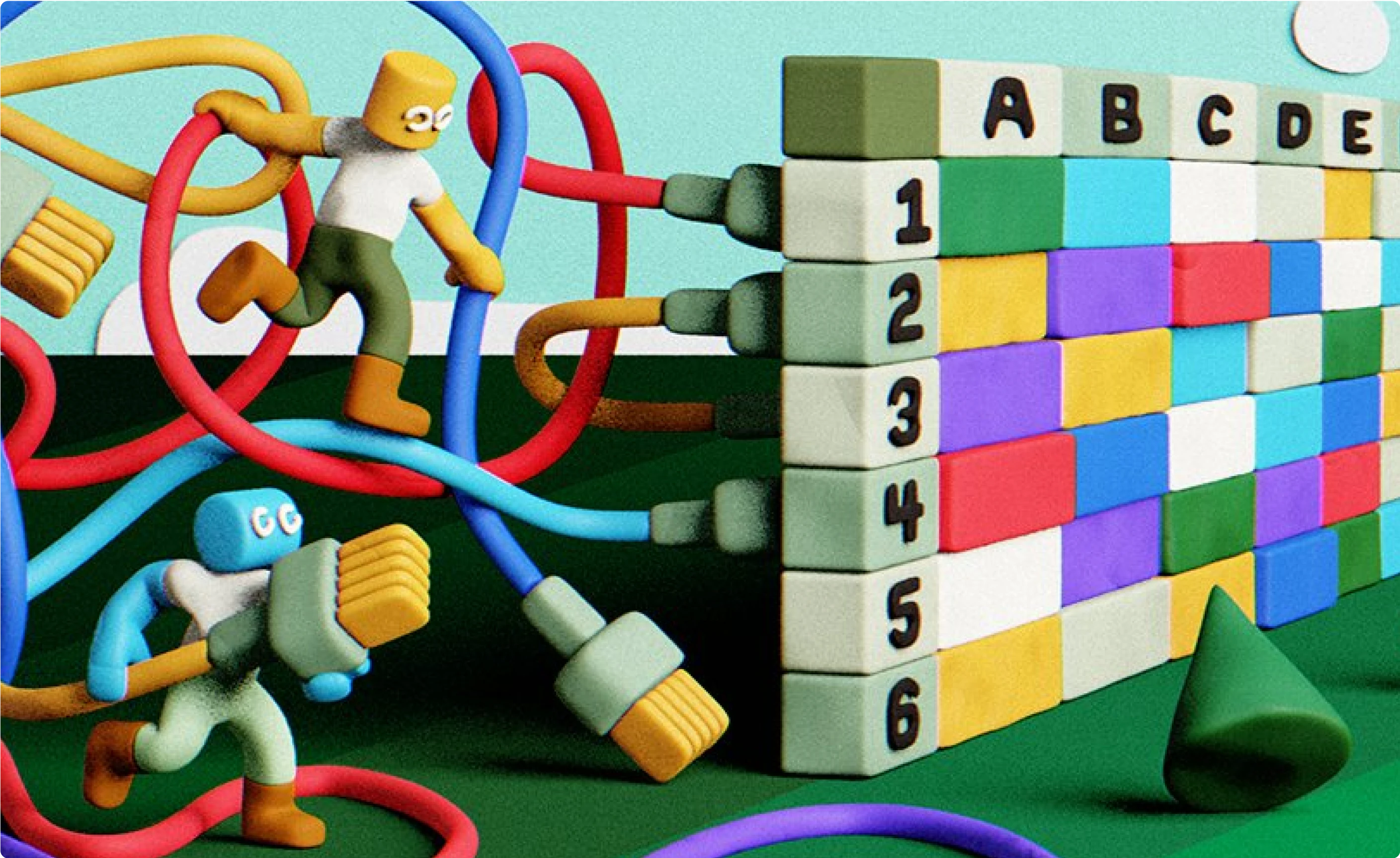 Clay branded illustration made out of 3D clay objects showing  whimsical operators connecting cables to 3D Clay table