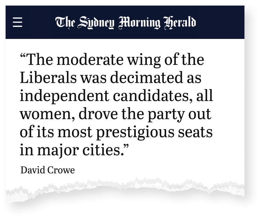 Article about Climate 200 in The Sydney Morning Herald: “The moderate wing of the Liberals was decimated as independent candidates, all women, drove the party out of its most prestigious seats in major cities.”