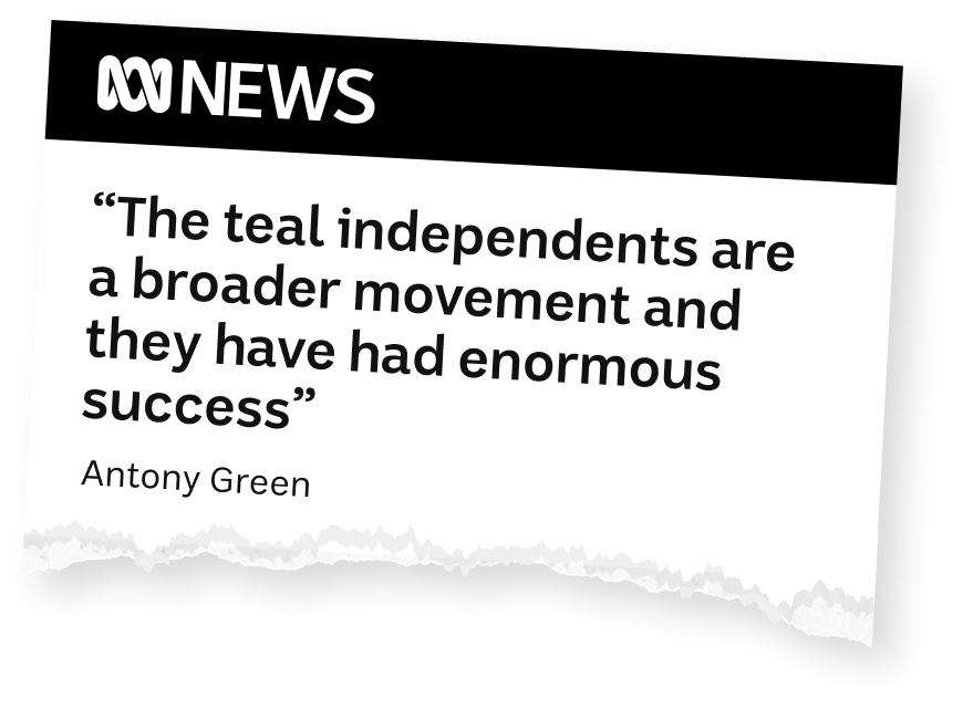 Article about Climate 200 in The ABC: “The teal independents are a broader movement and they have had enormous success" - Antony Green