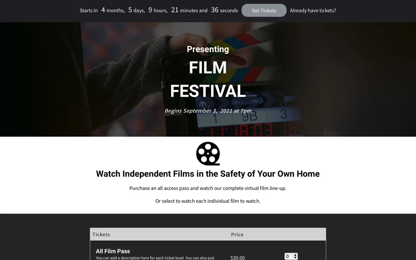 film festival event ticketing page