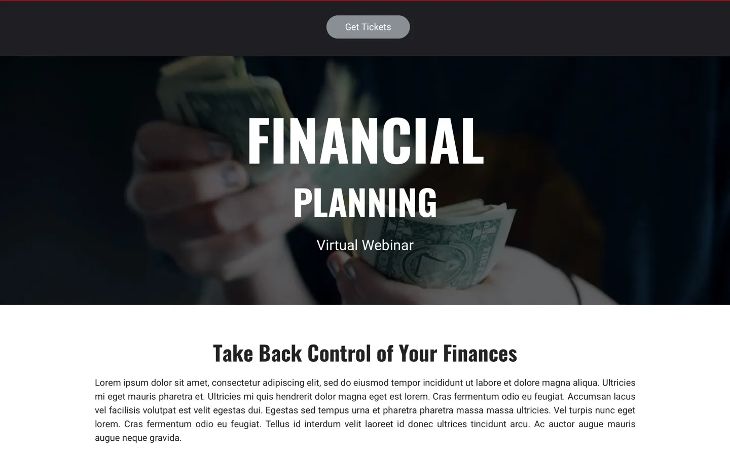 Financial planning event ticketing page