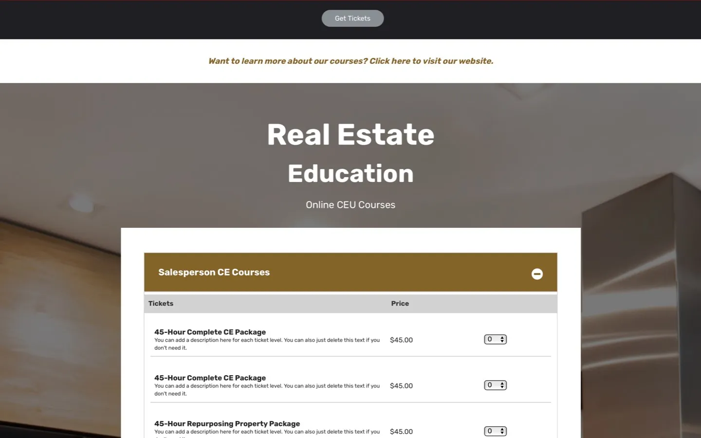 Real estate training event ticketing page