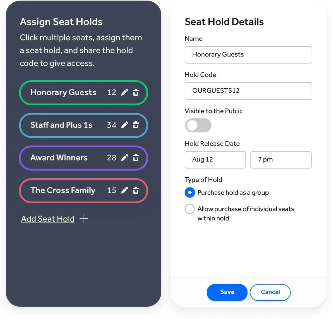 Seat holds and group sections