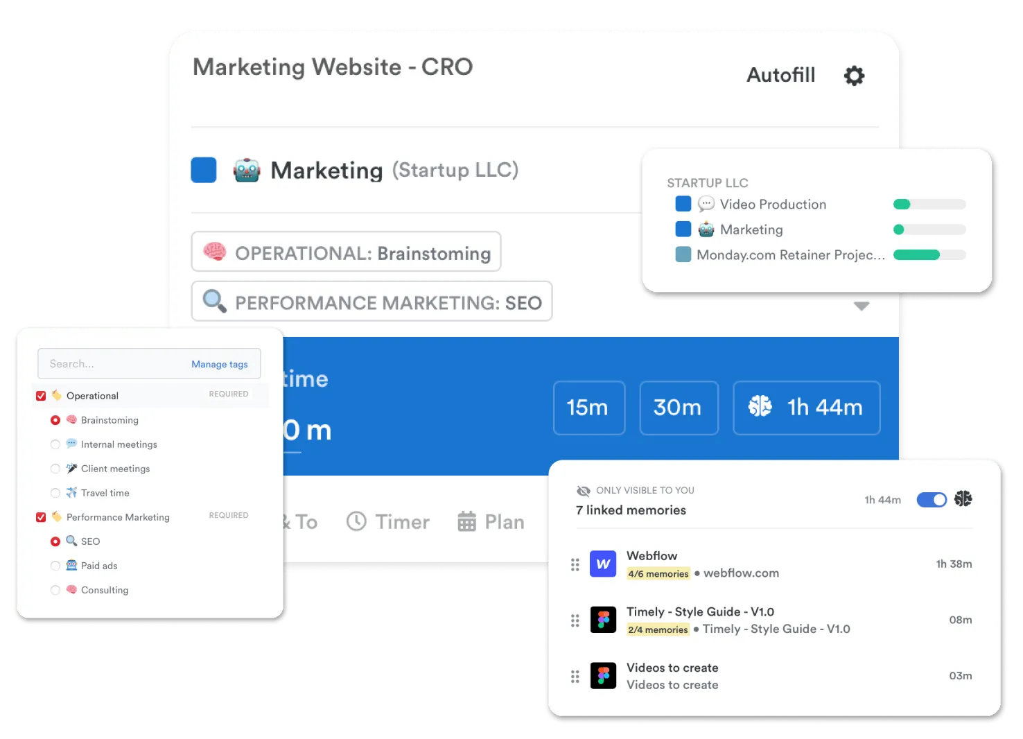 A screenshot of a time tracking and project management interface for a marketing website CRO, detailing tasks for SEO and brainstorming with a focus on operational marketing.