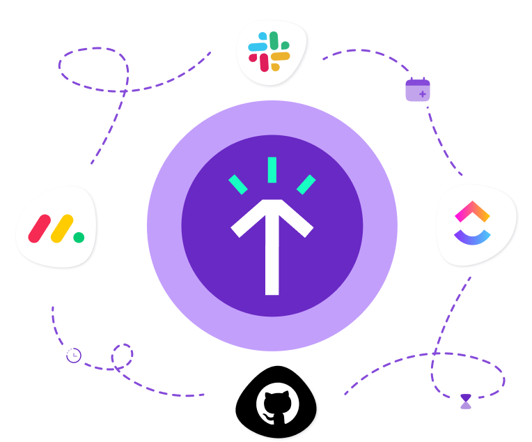 Graphic illustrating integration and customization with a central upward-pointing arrow encircled by a large purple circle, surrounded by various colorful icons linked by dotted lines, representing 'Integrations, tailored to your stack'