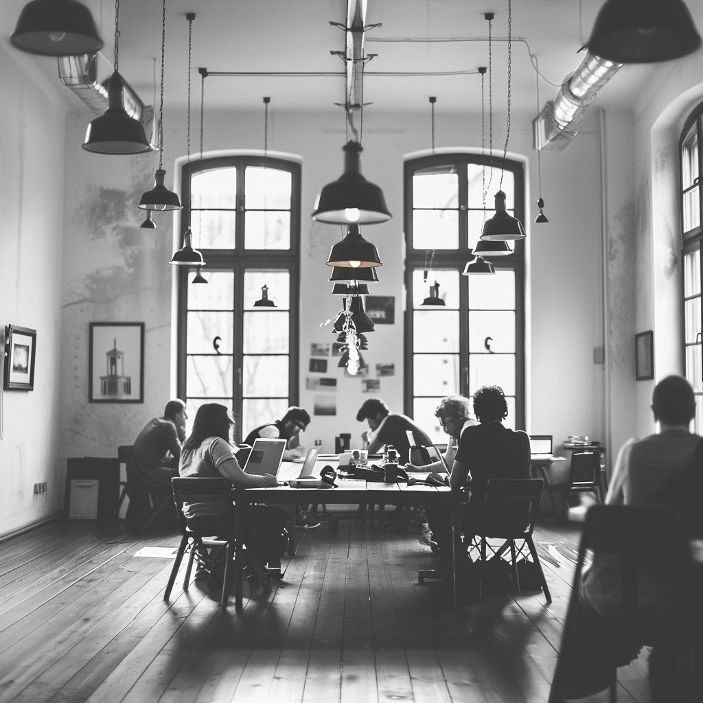 Monochrome image of a busy and stylish open-plan office with workers at their desks under pendant lights, large windows in the background providing natural light.