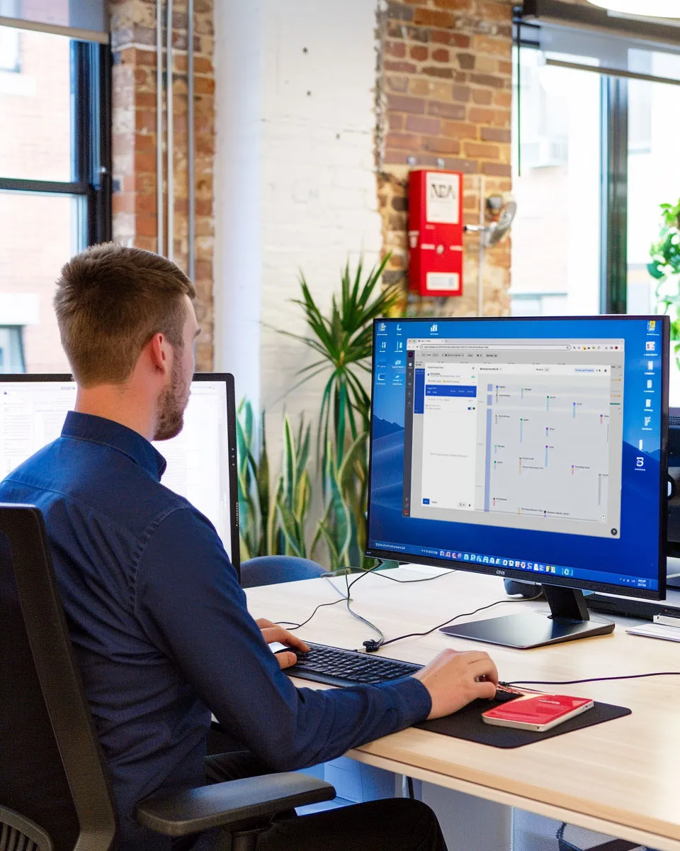 Man in a blue shirt working on a dual monitor setup in a bright office space with visible greenery and brick walls, with focus on task management software on the screen.