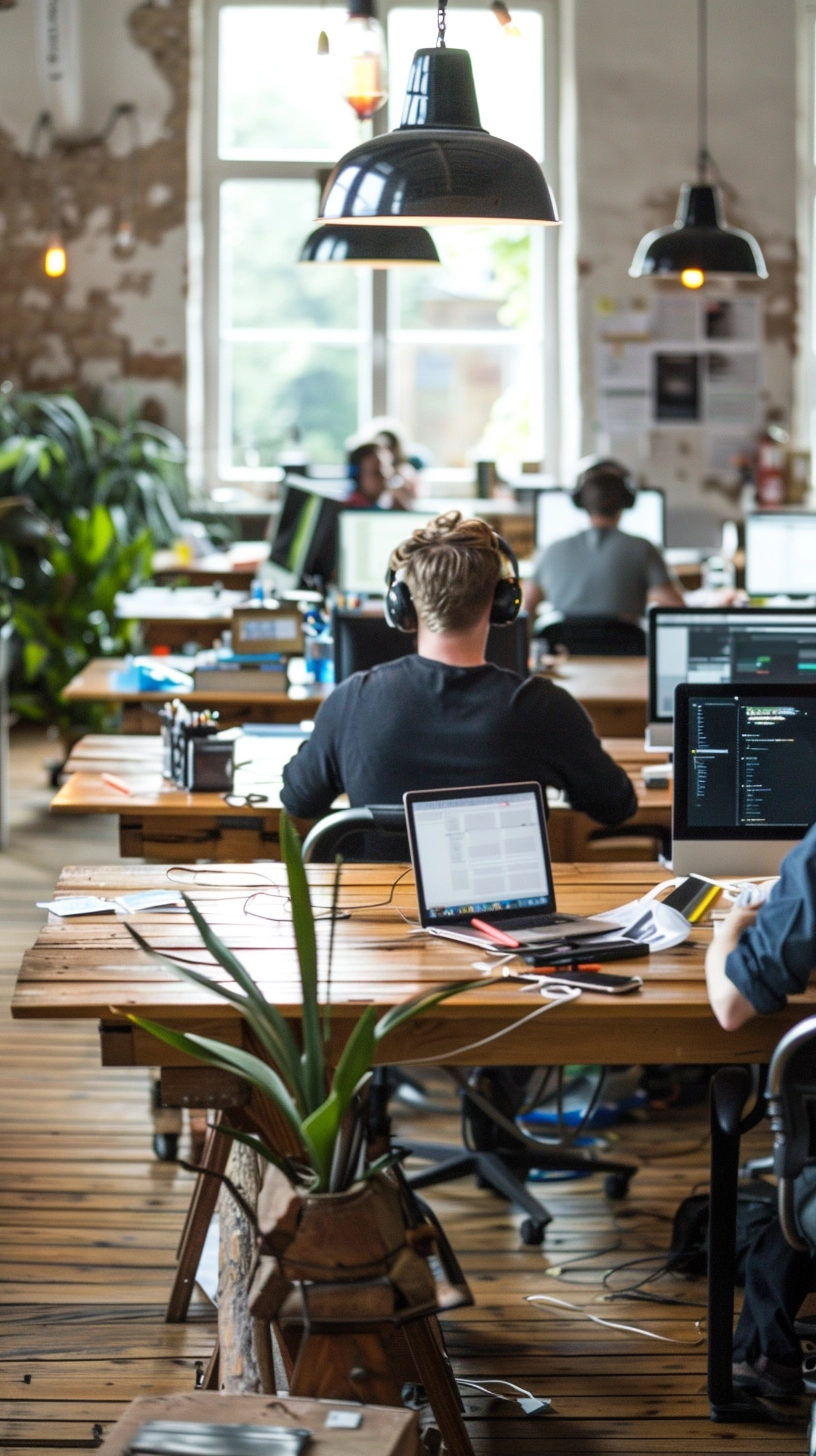 Focused workspace in a contemporary office with workers at wooden tables, personal laptops open, headphones on, amidst indoor plants and natural lighting.