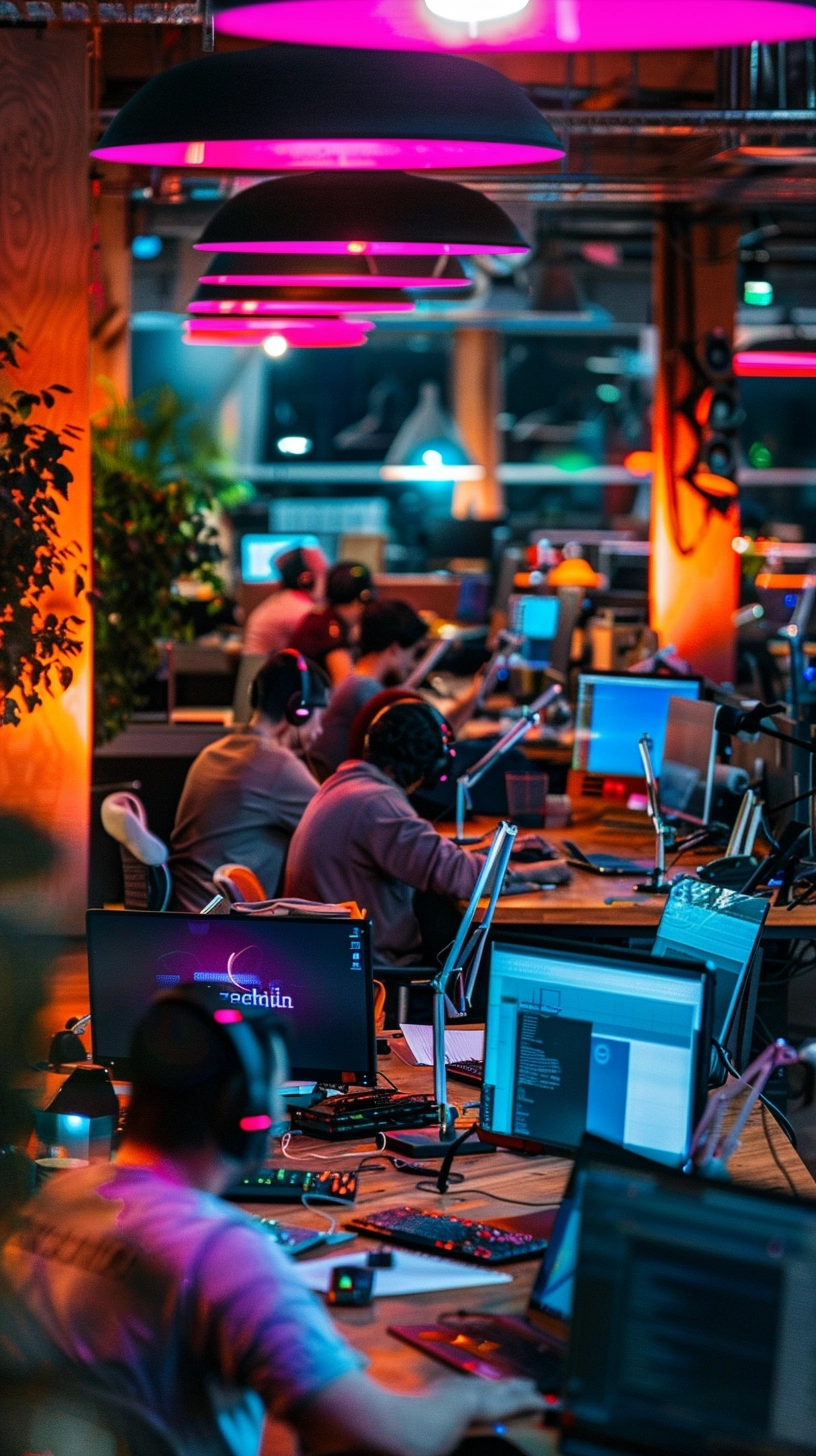 Vibrant tech office at night with employees wearing headphones, working intensely on multi-screen setups under pink and blue neon lights.