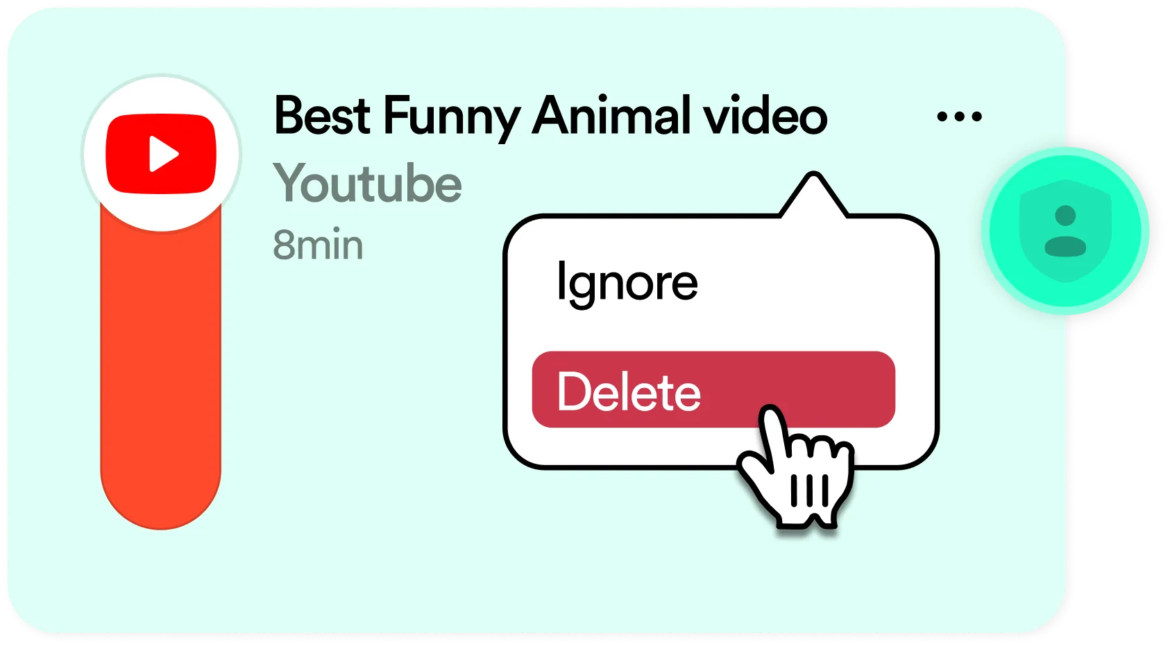 Notification card from a digital interface featuring a YouTube video titled 'Best Funny Animal video' with options to ignore or delete the reminder.