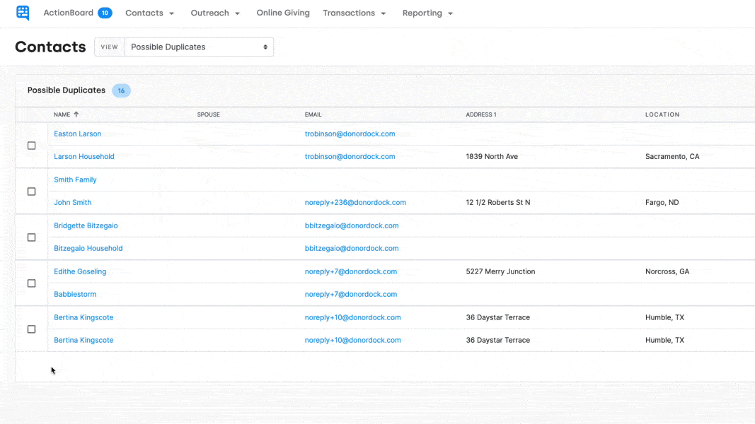 Donor Segmentation video: shows how easy it is to merge contacts in DonorDock