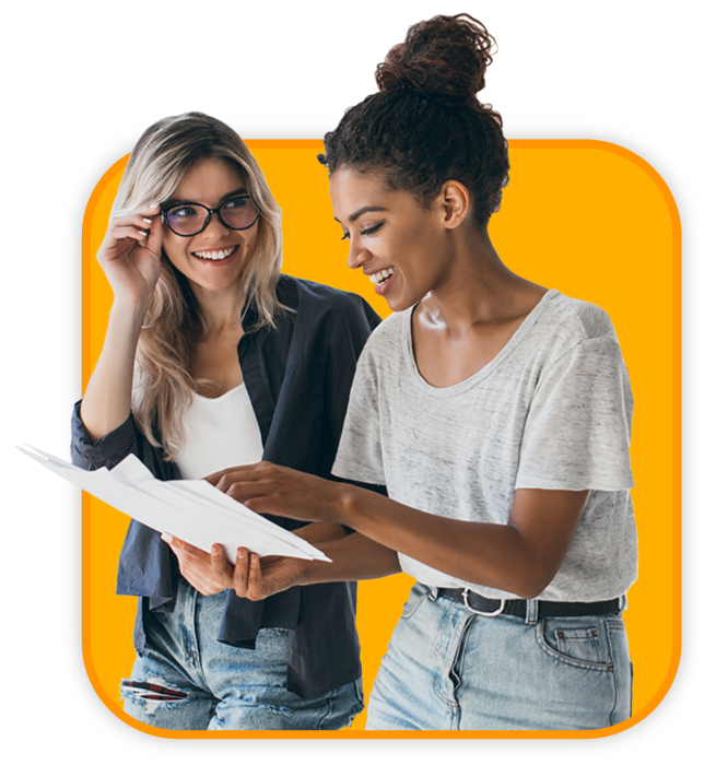 A woman with blond hair and glasses looking at a woman with dark curly hair who is holding a report from their nonprofit online giving page results