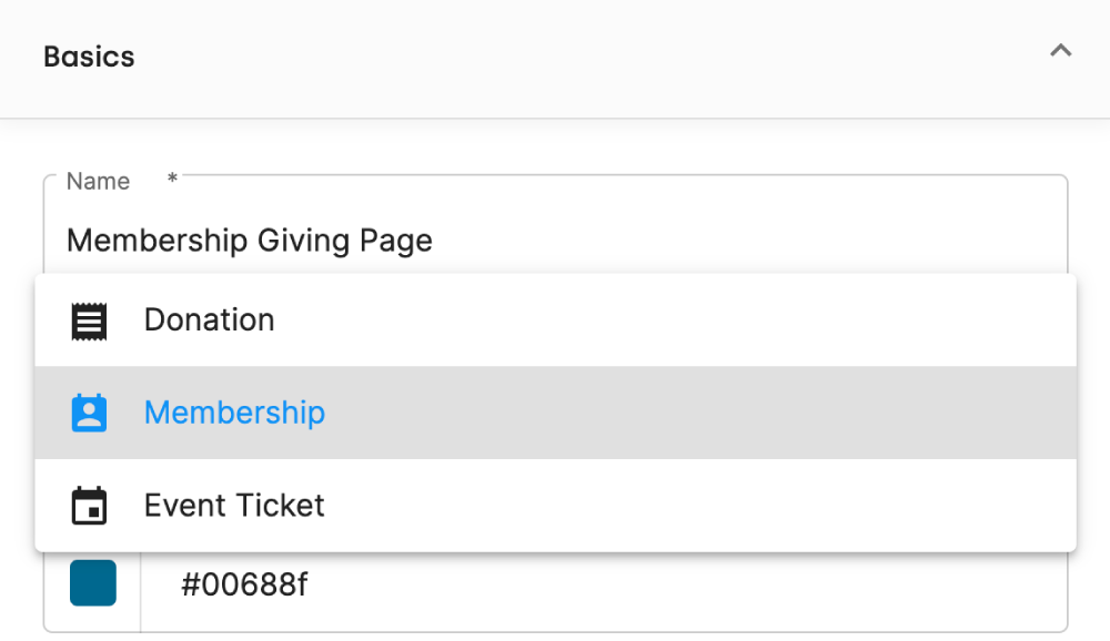 Features as part of an online giving page. You can set between making your page a donation form, membership page or event ticket page.