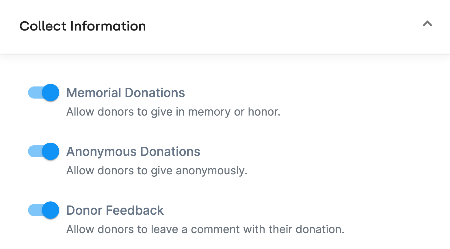 Shows a portion of a DonorDock online giving page donation form. Allows you to click a slider bar to accept memorial donations, anonymous donations, donor feedback comments. 