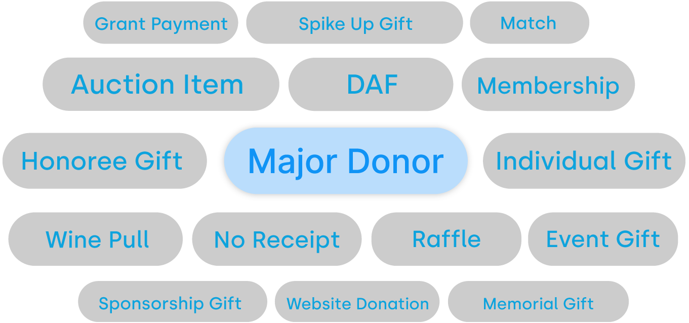 Donation segmentation through gift tags. Shows grey badge items that say grant payment, spike up gift, match, auction item, DAF, Membership, Honoree Gift, individual gift, wine pull, website donation, memorial gift, sponsorship gift. The center gift says Major Donor and is highlighted blue.