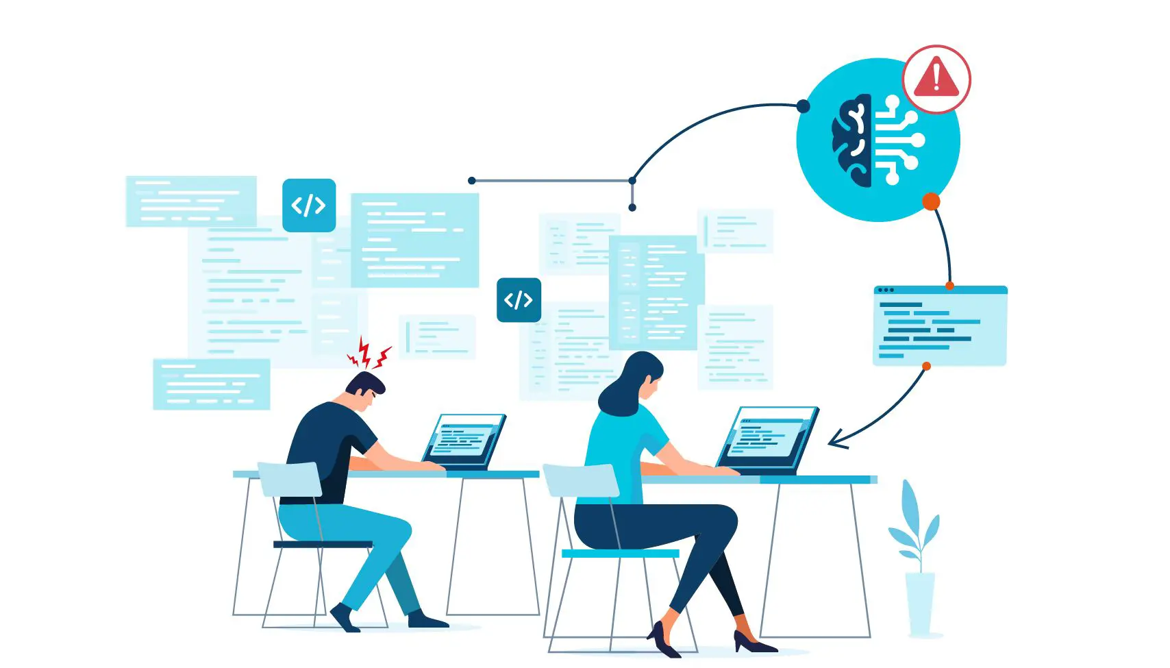 Two software developers are sitting at desks, writing code, and experiencing frustrations caused by high code complexity. An icon symbolizing Machine Learning alerts and provides insights into the potential causes of high code complexity and its impacts on developer productivity.