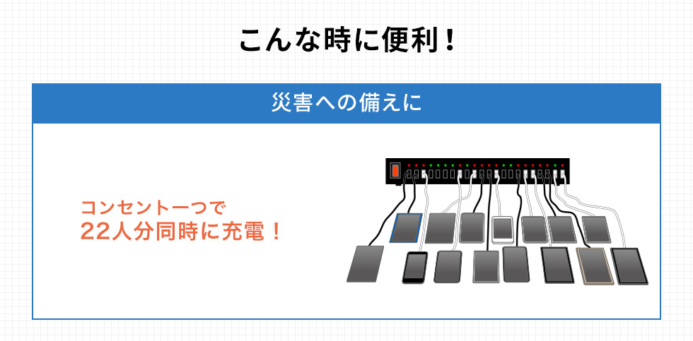 Uこんな時に便利！ コンセント一つで 22人分同時に充電！