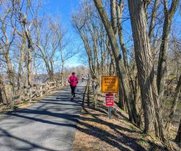people heading down a paved trail