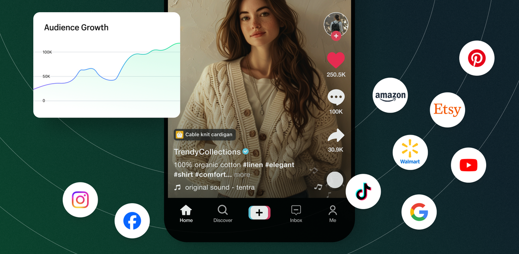 A phone screen showing a woman wearing a sweater on TikTok wth floating social media icons around it and a line chart showing audience growth.