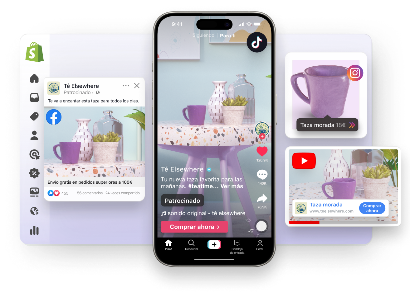 Vista abstracta de una ventana del panel de control de Shopify. En el lado izquierdo hay un anuncio patrocinado de Facebook y un video patrocinado de TikTok en los que se muestra una taza morada a la venta. En el lado derecho hay un video patrocinado de YouTube y una publicación de Instagram con una etiqueta de producto en los que se promociona una taza morada.