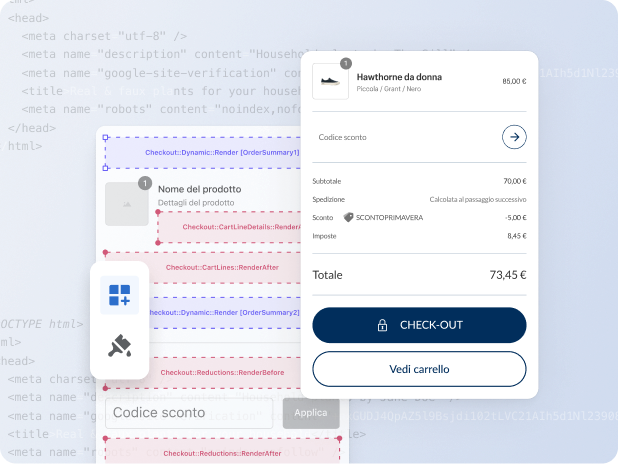 Schermata di check-out su un dispositivo mobile ed editor del tema drag-and-drop con del codice di programmazione sullo sfondo