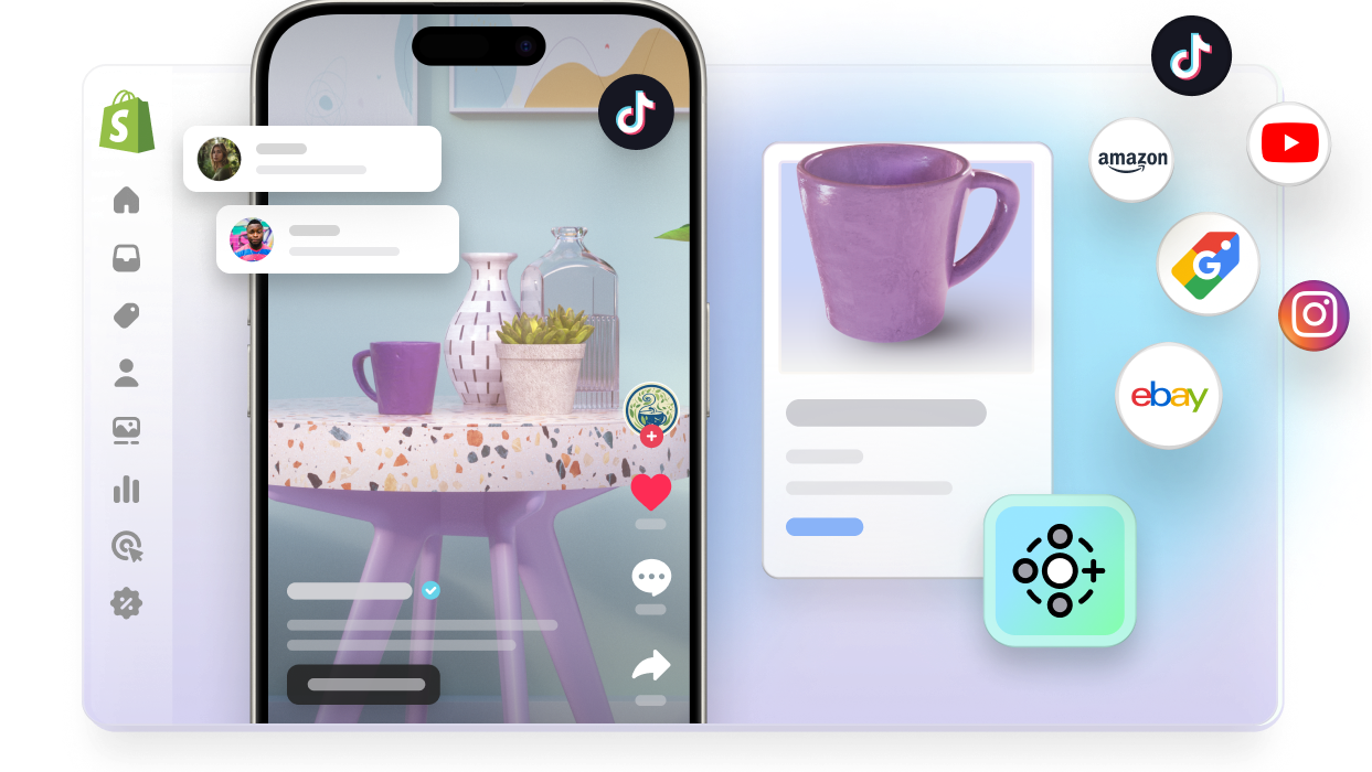 Uma janela de visualização abstrata do admin da Shopify. Sobrepostos do lado esquerdo da janela estão um vídeo patrocinado do TikTok e um anúncio do Google. Ambos apresentam uma xícara roxa à venda. Pequenos logotipos sobrepostos ao redor das janelas incluem: Marketplace Connect, Instagram, YouTube, TikTok, Google Ads, Amazon e eBay.