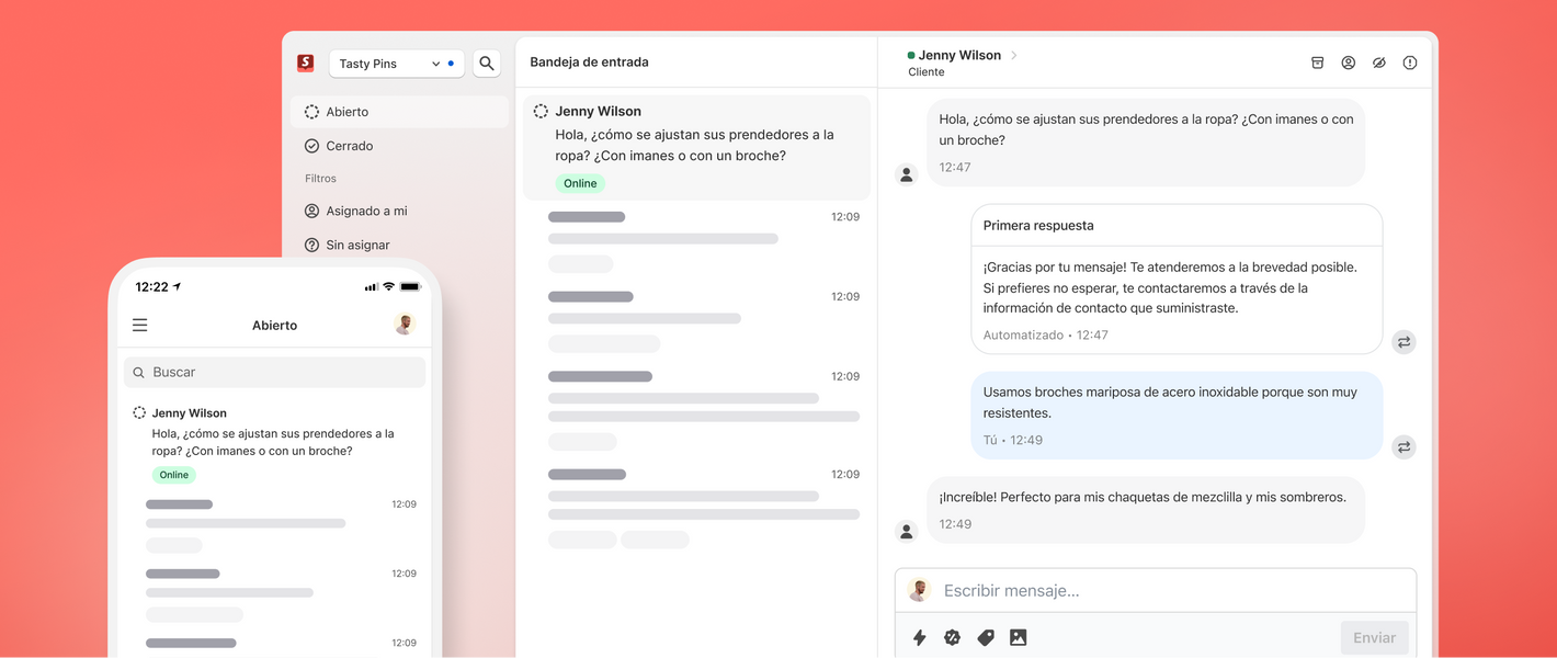 Una pantalla móvil y de escritorio de Shopify Inbox mostrando un mensaje de un cliente, Jenny Wilson.