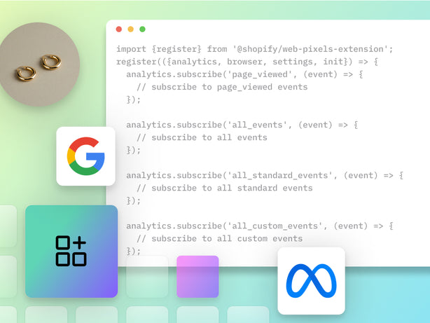 Collage de pendientes dorados, los logos de Google y Meta, y una ventana emergente en una computadora con datos sin procesar para conectar la API.