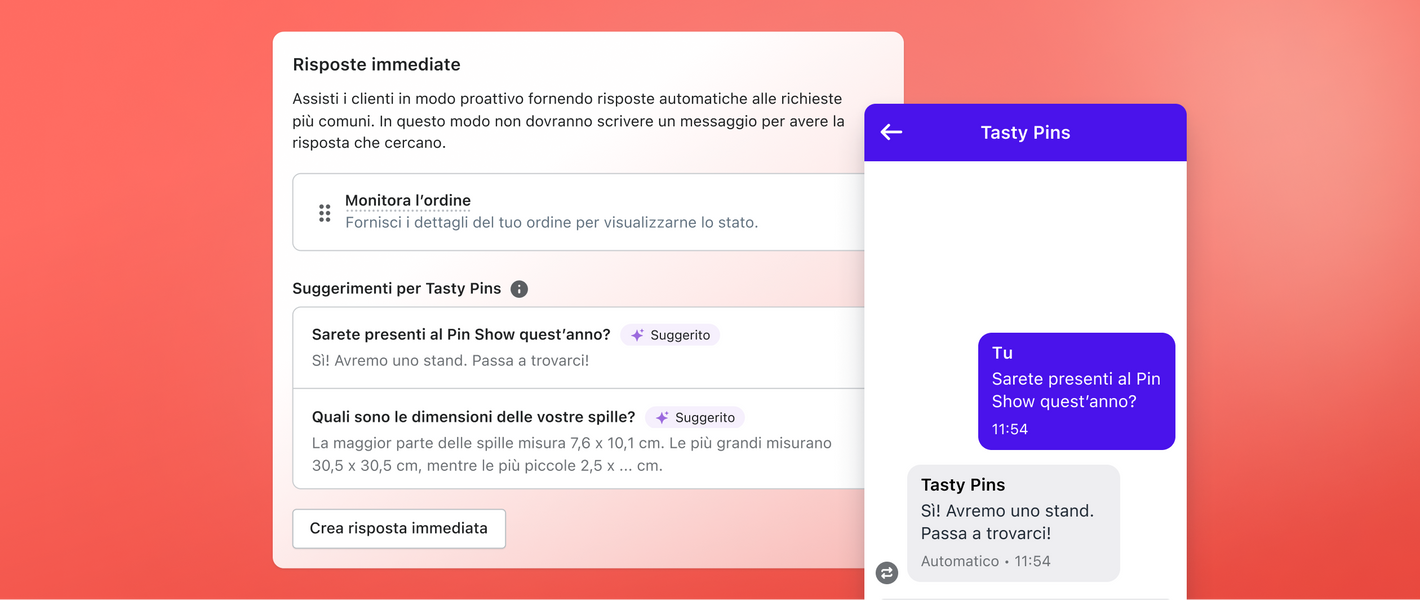 Interfaccia delle risposte immediate che mostra alcuni suggerimenti di risposte a domande comuni. Una finestra di chat sulla destra mostra l’anteprima di uno dei suggerimenti.