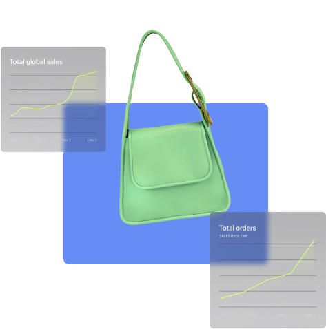 Luxury women’s handbag with chart showing higher total global sales and total orders