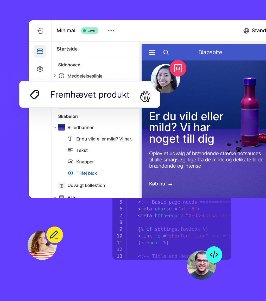 Flere samarbejdspartnere, der bruger Liquid og Shopifys webshopeditor til at oprette en butik sammen