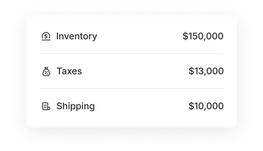 A table showing operational costs for a Shopify merchant, listing "Inventory" with a value of $150,000, "Taxes" with a value of $13,000, and "Shipping" with a value of $10,000.