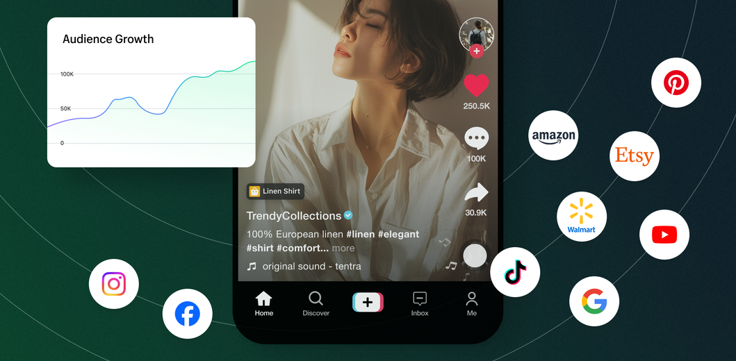 A phone screen showing a woman wearing a dress shirt on TikTok with floating social media icons around it and a line chart showing audience growth.