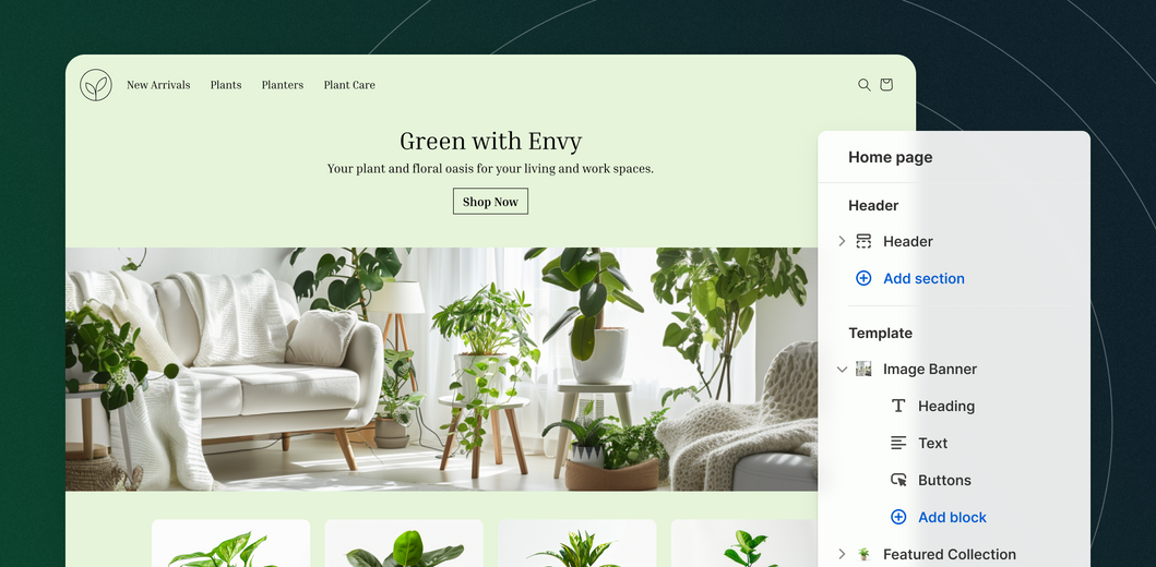 An online plant store homepage showing a Shopify editing toolbar to its right.