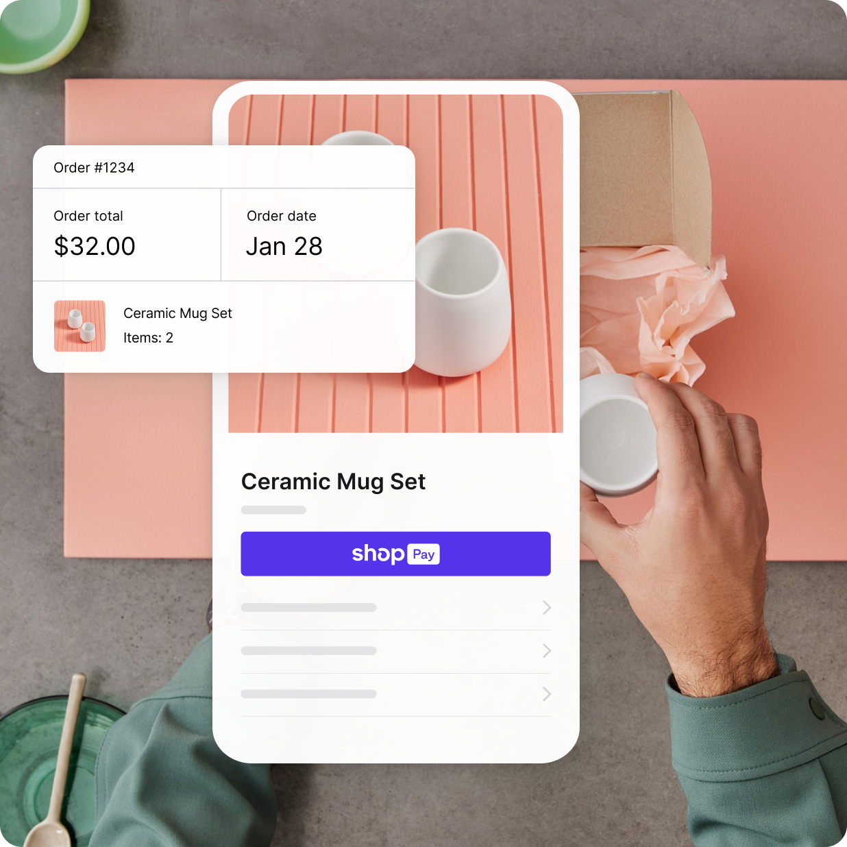 Strona produktu przedstawiająca ceramiczne filiżanki do herbaty i mobilną realizację zakupu na ekranie za pomocą Shop Pay