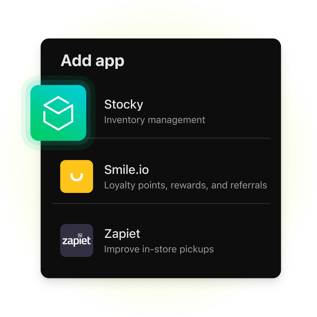 Un elenco di app. La prima, denominata “Stocky” e descritta come un’app che offre funzionalità di “gestione delle scorte”, è evidenziata per indicare che è stata selezionata e aggiunta a Shopify POS.