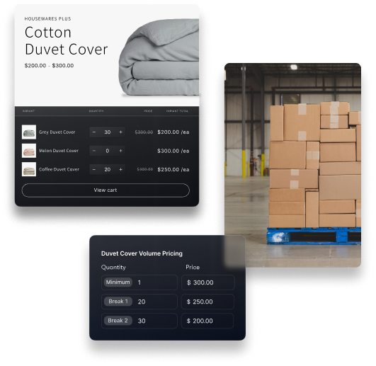 Collage showing a pallet of stacked cardboard boxes, a duvet cover for sale on a wholesale website, and a graphic showing volume pricing for the duvet cover on Shopify Plus