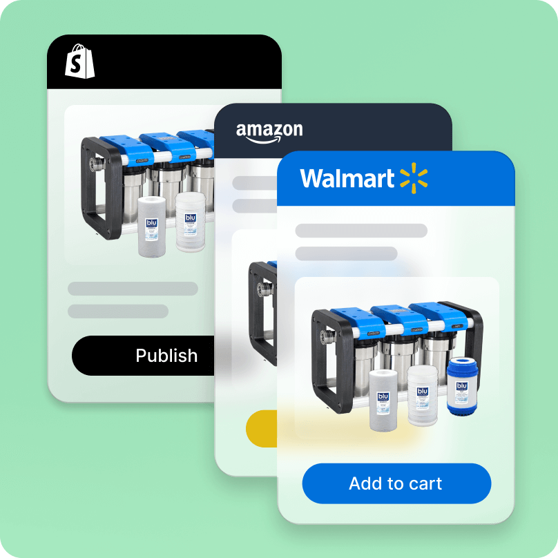 Ürünlerini Amazon Pazar Yeri ve Walmart Pazar Yeri'nde doldurmak için Shopify Marketplace Connect'i kullanan Blu Technology'nin katmanlı mobil görünümleri.