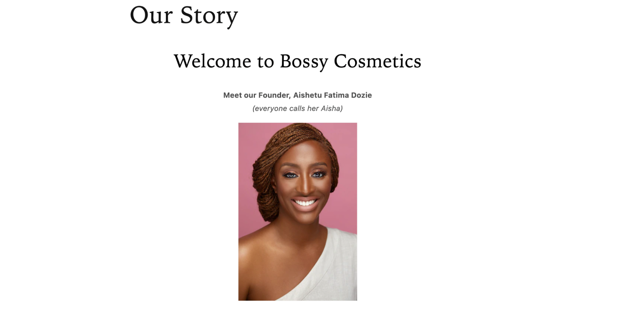 Bossy Cosmetics About Us页面展示微笑的创始人照片