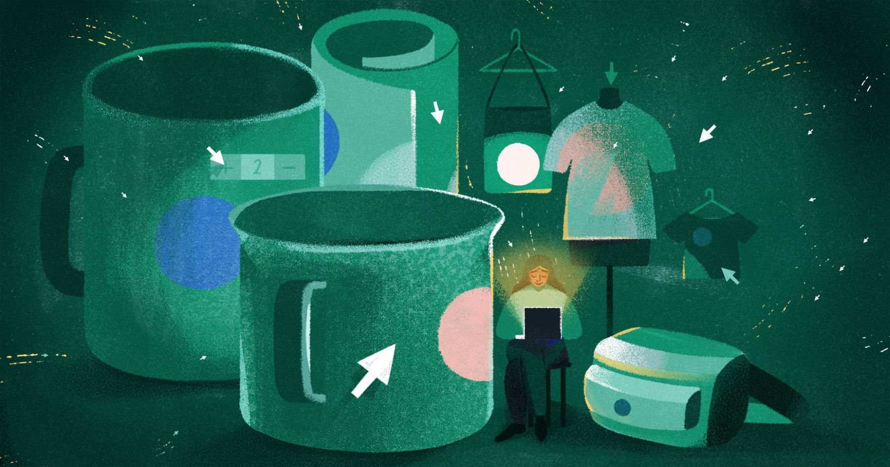 프린트 온 디맨드 제품의 컨셉을 표현하기 위해 마우스 커서가 있는 컵, 티셔츠, 가방이 그려진 녹색 일러스트