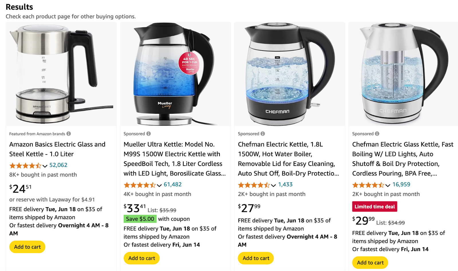 Amazon’s sponsored product listing for “kettles.”