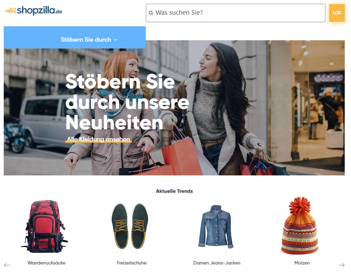 Ein Screenshot der Website von Shopzilla