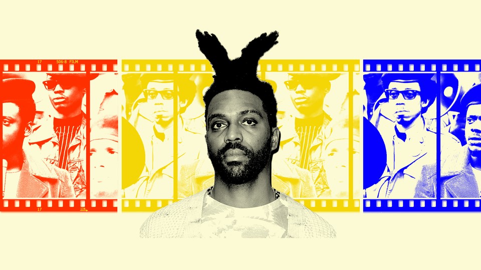 Cutout of the director Shaka King against a red, yellow, and blue film strip