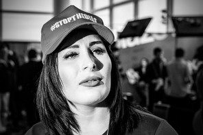 Laura Loomer wearing a cap that reads "#Stopthebias."