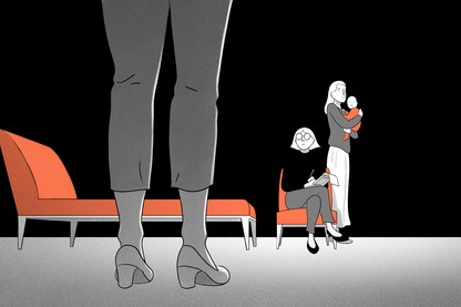 Illustration of a mother's legs from behind, facing her daughter, her grandchild, and their therapist