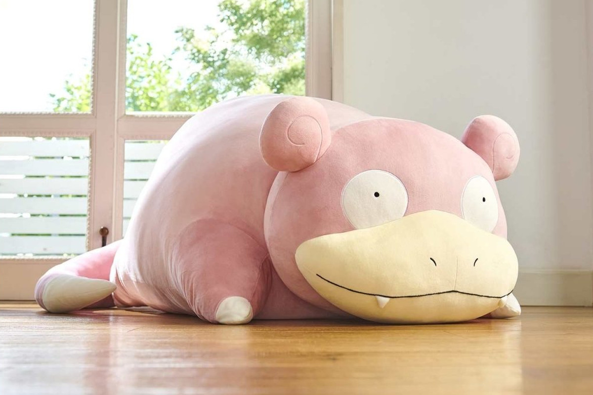 A stock photo of the 43-inch Slowpoke plush