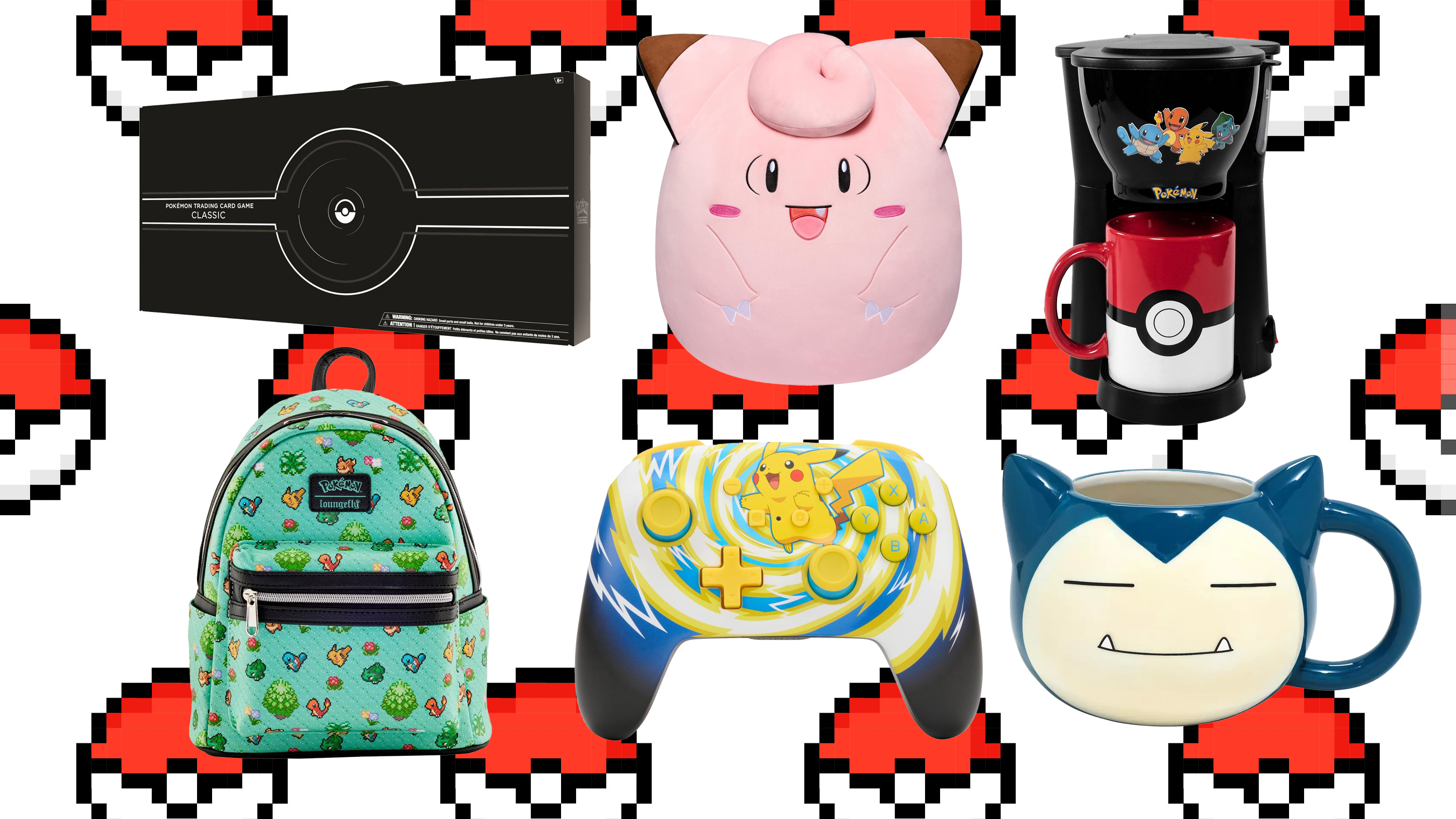 Products on sale during Pokémon Day 2024 superimposed over a Pokéball background