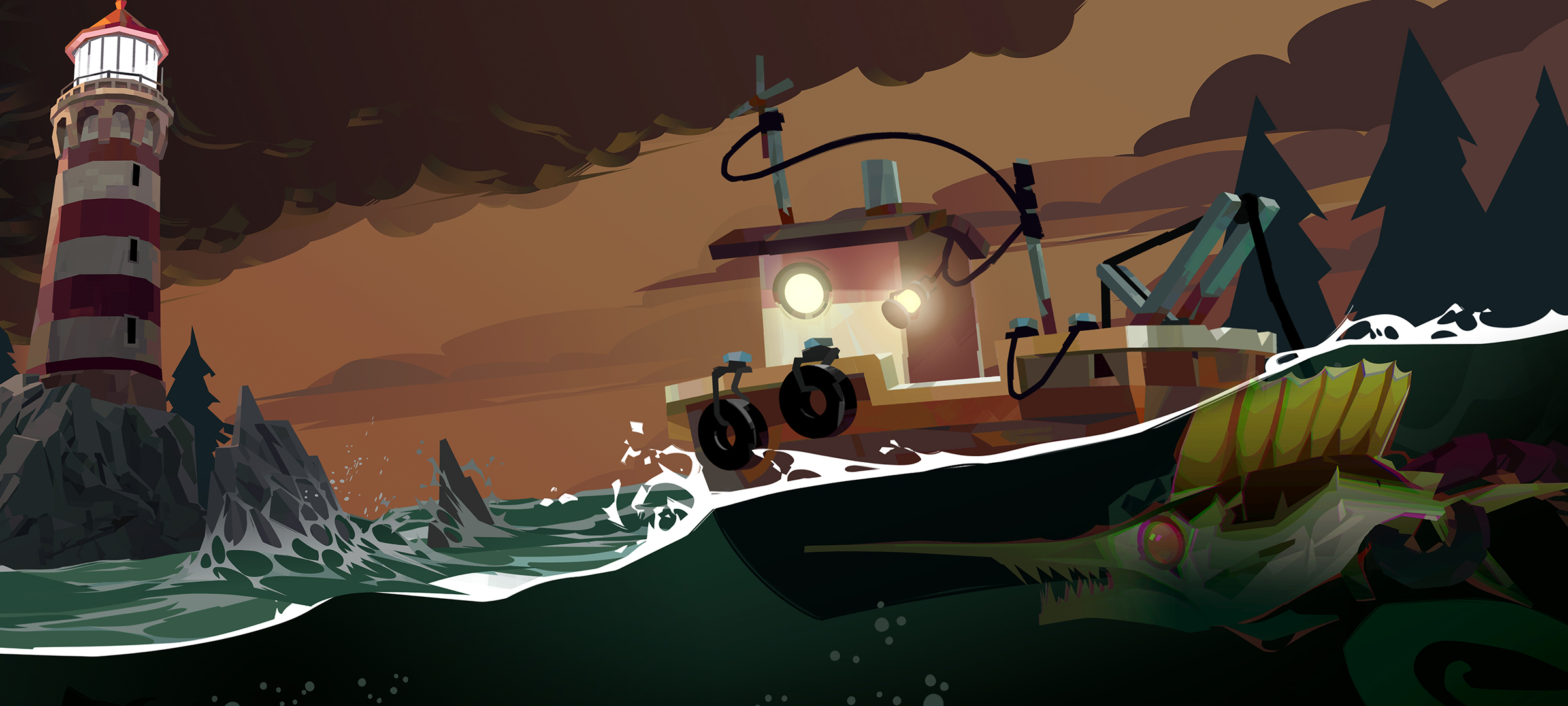Artwork from Dredge, featuring a fishing boat on rough, dark waters, with a horrifying fishing lurking below the surface and a lighthouse on the horizon