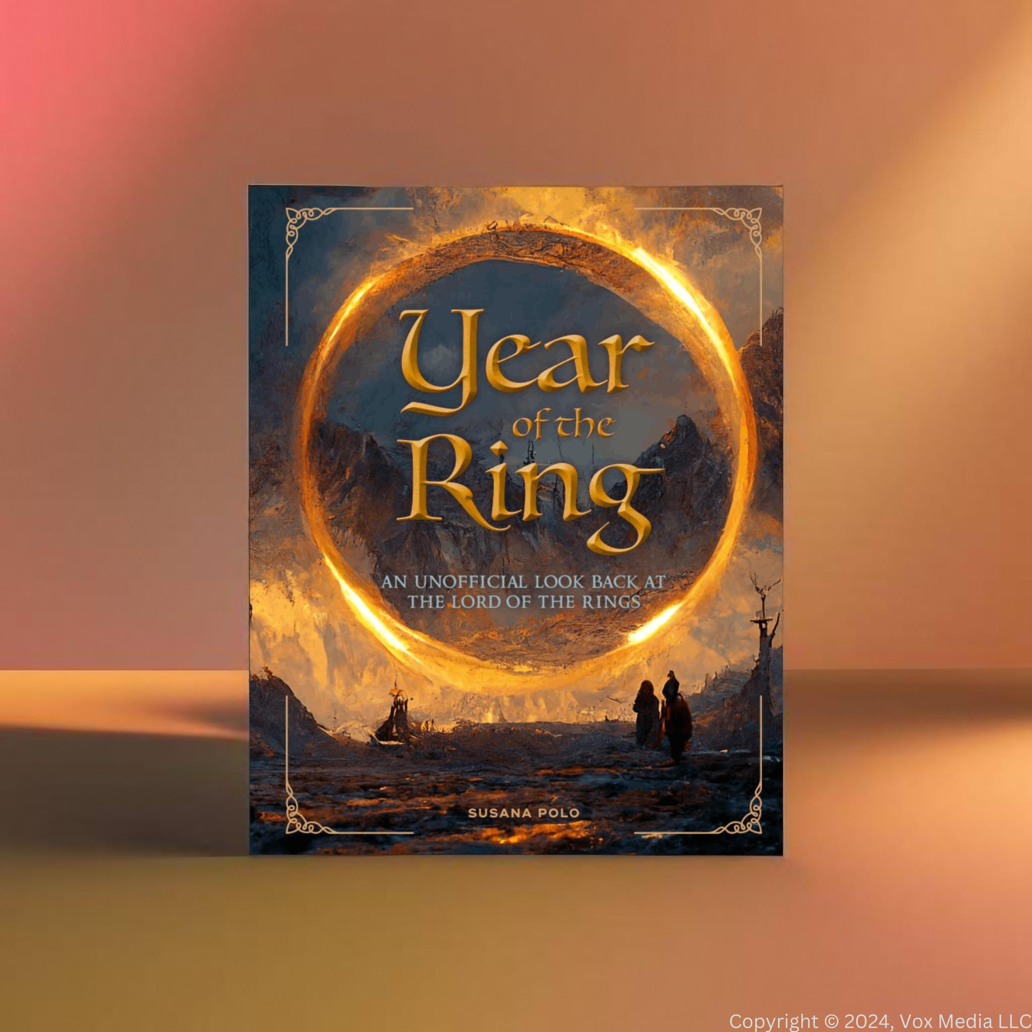 The cover of Year of the Ring by Susana Polo and Polygon contributors. A giant golden ring floats in the sky above adventures on a journey at twilight. 