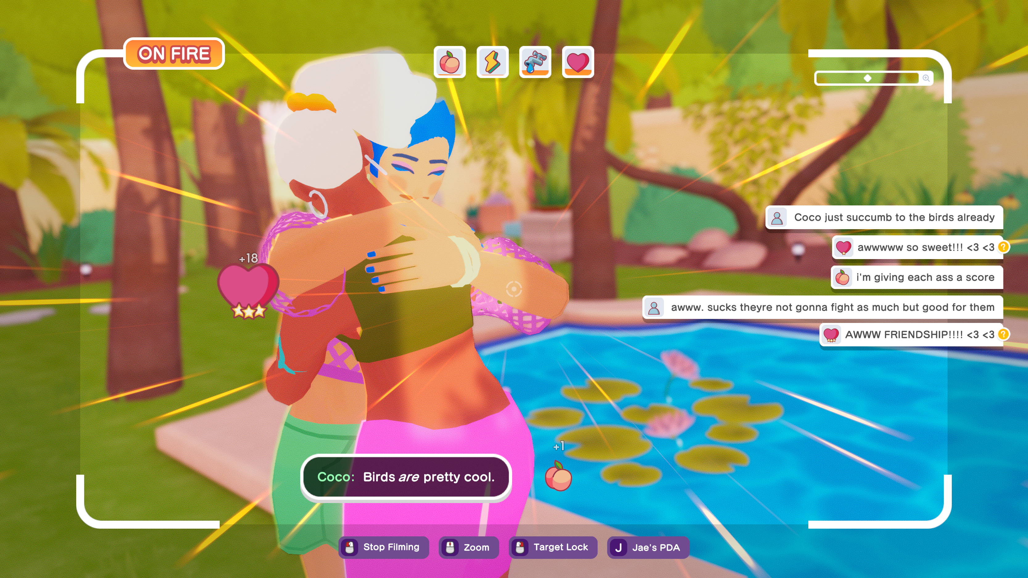 Two people hugging. There’s a camera overlay, from the game The Crush House